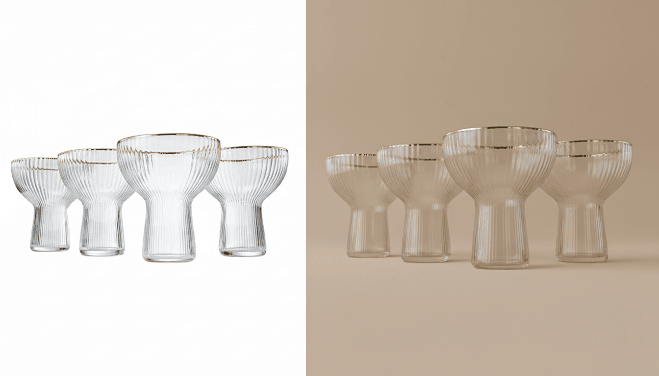 Before and after AI photo enhancement of ribbed margarita glasses
